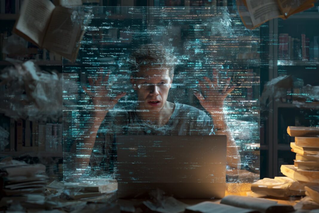 Ilustración de una persona interactuando con un chatbot en una pantalla, con un símbolo de interrogación y signos de validación.