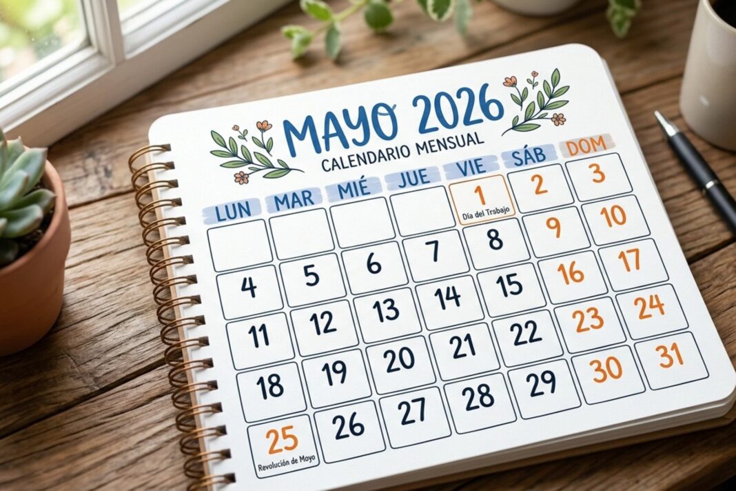 Calendario mensual de mayo del año 2026 con los días y feriados destacados.