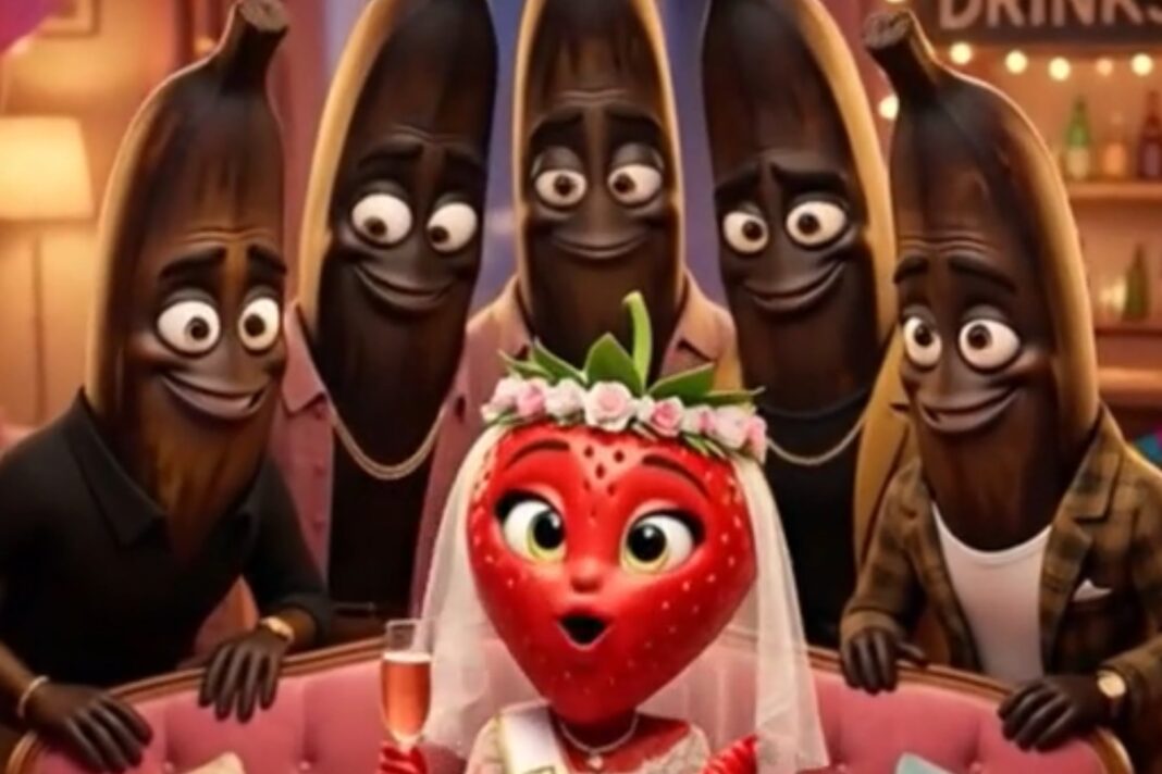 Ilustración de frutas animadas con expresiones humanas, creada con inteligencia artificial.