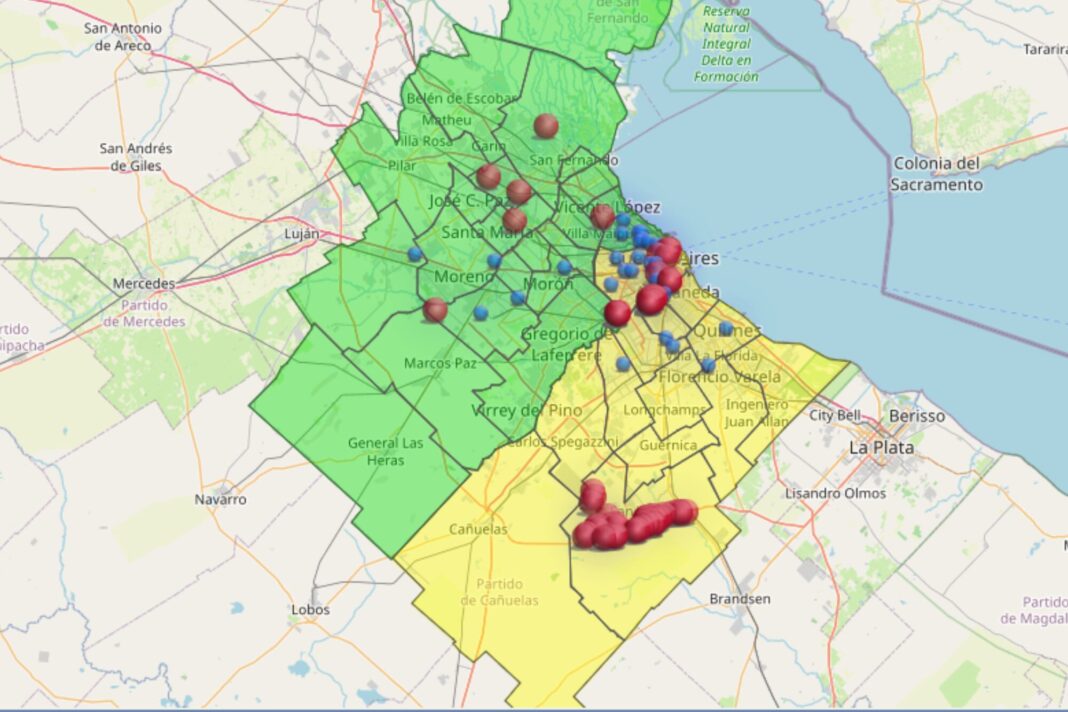 Mapa del Área Metropolitana de Buenos Aires (AMBA) mostrando zonas afectadas por cortes de luz.