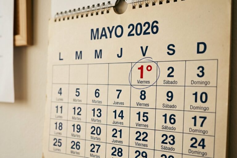 Cartel con la fecha 1 de mayo y la frase Día del Trabajador sobre fondo rojo