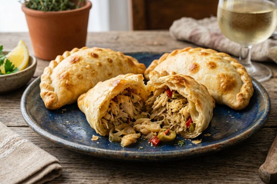 Empanadas de bacalao recién horneadas, listas para servir.