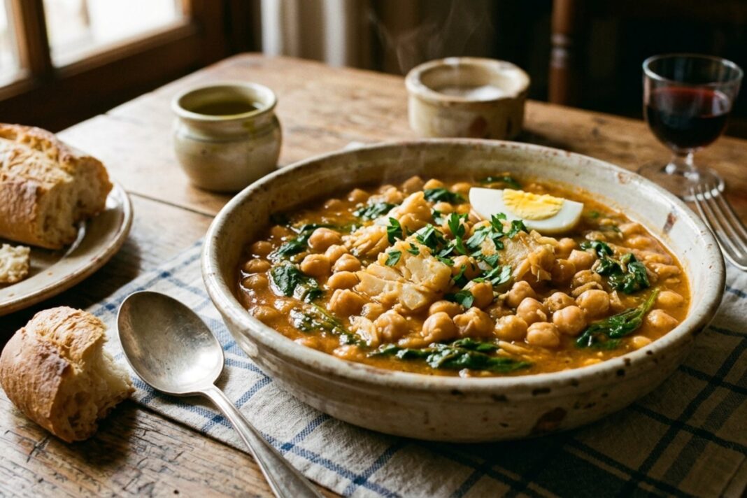 Guiso de vigilia servido en un plato, con ingredientes como pescado, garbanzos y verduras.