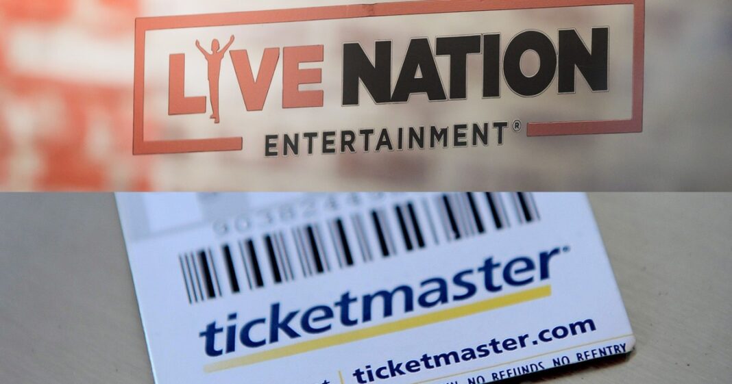 Logotipos de Live Nation y Ticketmaster con un símbolo de balanza de la justicia en el fondo.