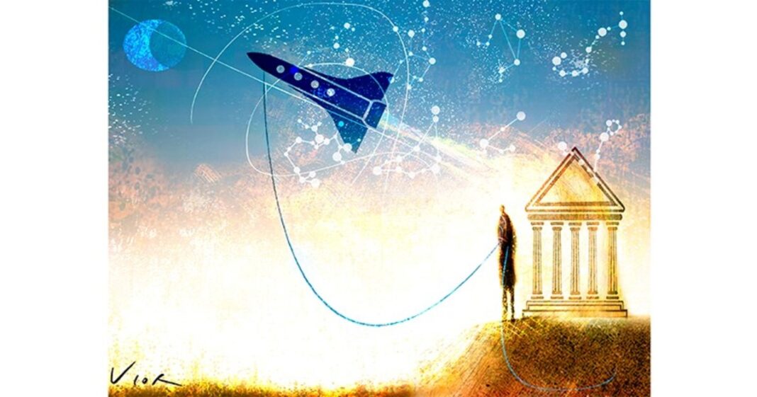 Ilustración artística que fusiona un astronauta con elementos de la mitología griega y constelaciones.