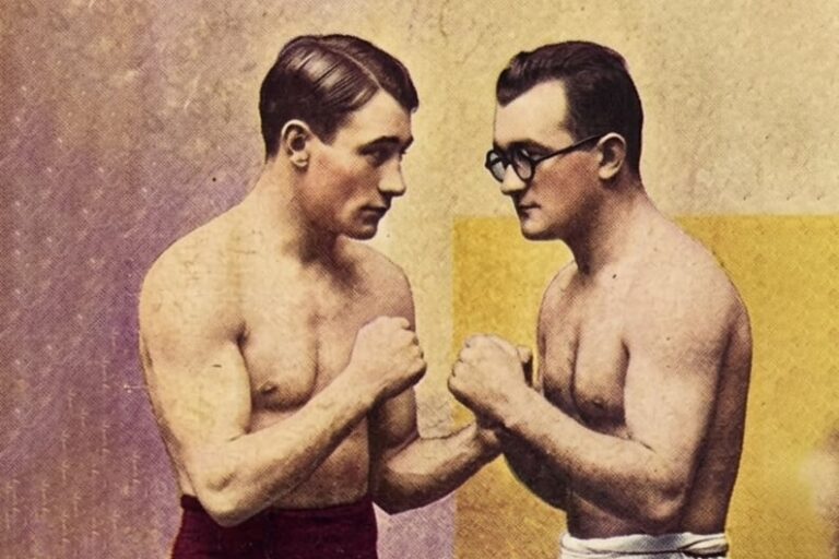 Ilustración histórica de un ring de boxeo antiguo, representando la pelea Gould vs. Lenevé de 1915.