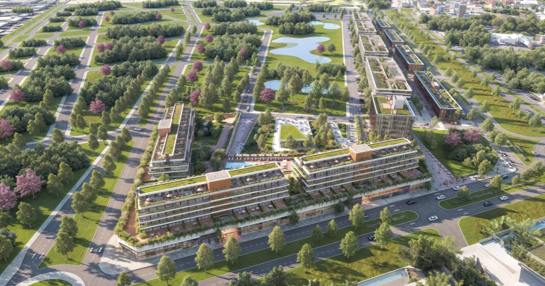 Vista aérea del predio de Distrito Canning, con áreas verdes y trazado urbano planificado