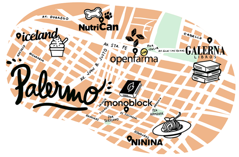 Calle arbolada típica del barrio de Palermo en Buenos Aires, con veredas amplias y edificios bajos.