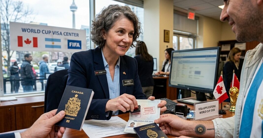 Mapa de Canadá destacando las ciudades de Toronto y Vancouver, sedes del Mundial de Fútbol 2026, junto a iconos de un pasaporte y un balón de fútbol.