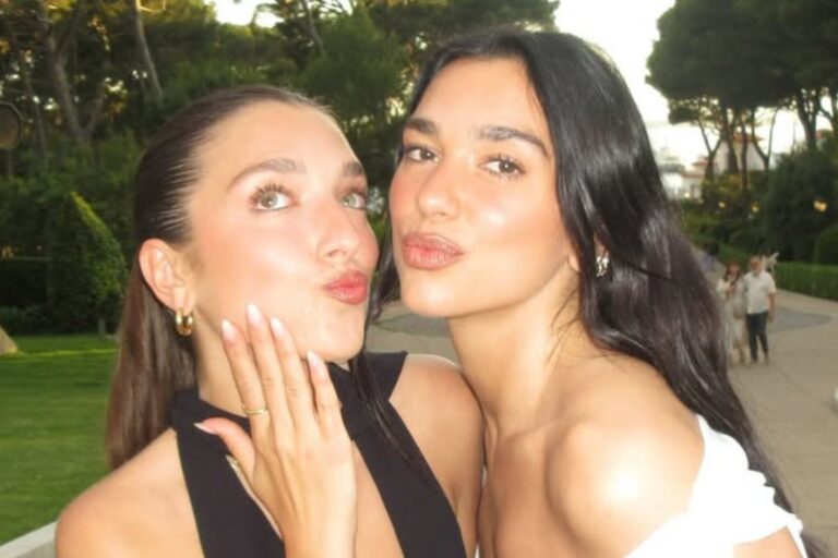 Rina Lipa, hermana de la cantante Dua Lipa, posando con un estilo moderno.
