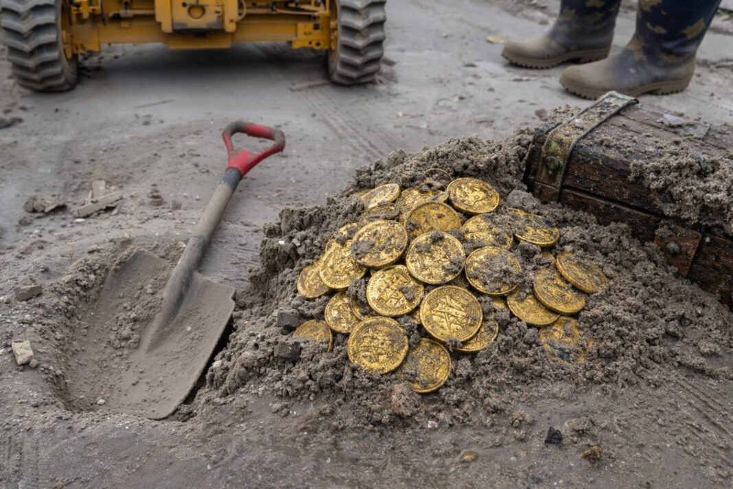 Ilustración de monedas de oro antiguas (doblones) con un mapa histórico de la costa de Texas de fondo.