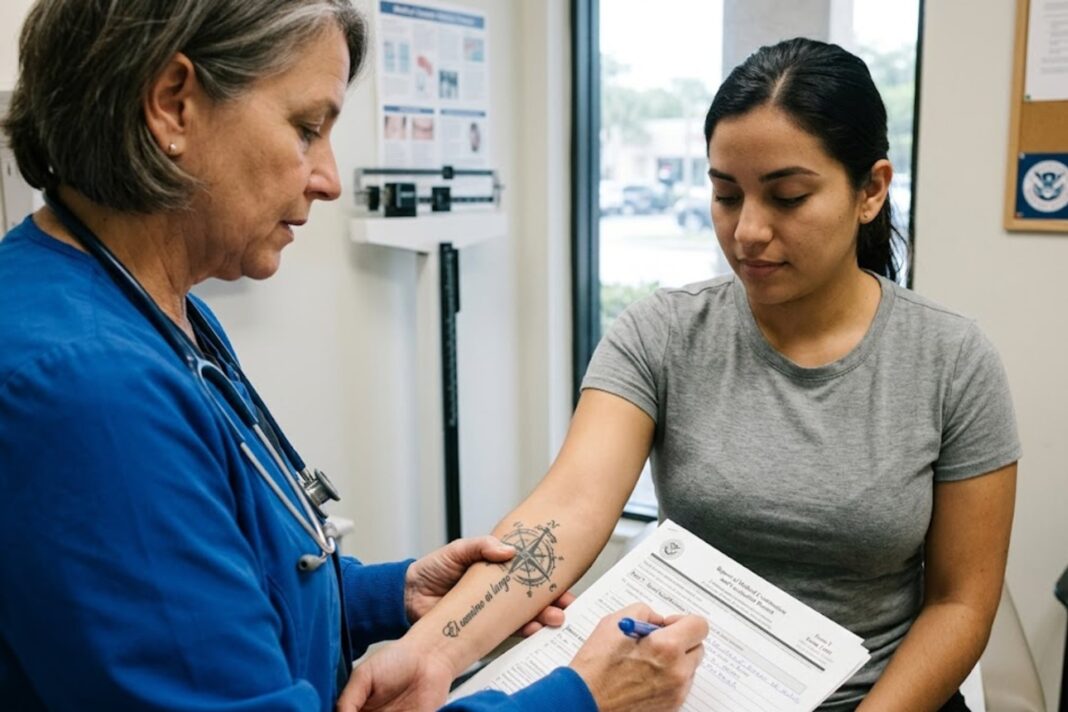 Persona mostrando un tatuaje en el brazo durante una consulta médica
