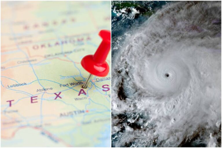 Mapa climático mostrando la transición de La Niña a El Niño y su posible impacto en la costa de Texas.