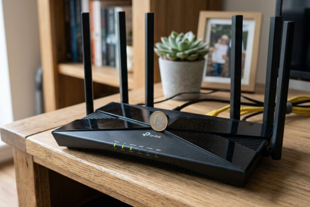 Router con una moneda colocada encima, sobre una mesa, representando el truco casero para mejorar la señal Wi-Fi.