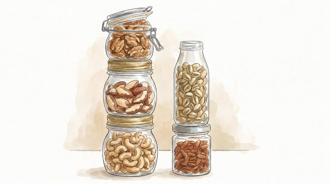 Variedad de frutos secos: nueces, pistachos, almendras, nueces de Brasil y castañas de cajú sobre una superficie de madera