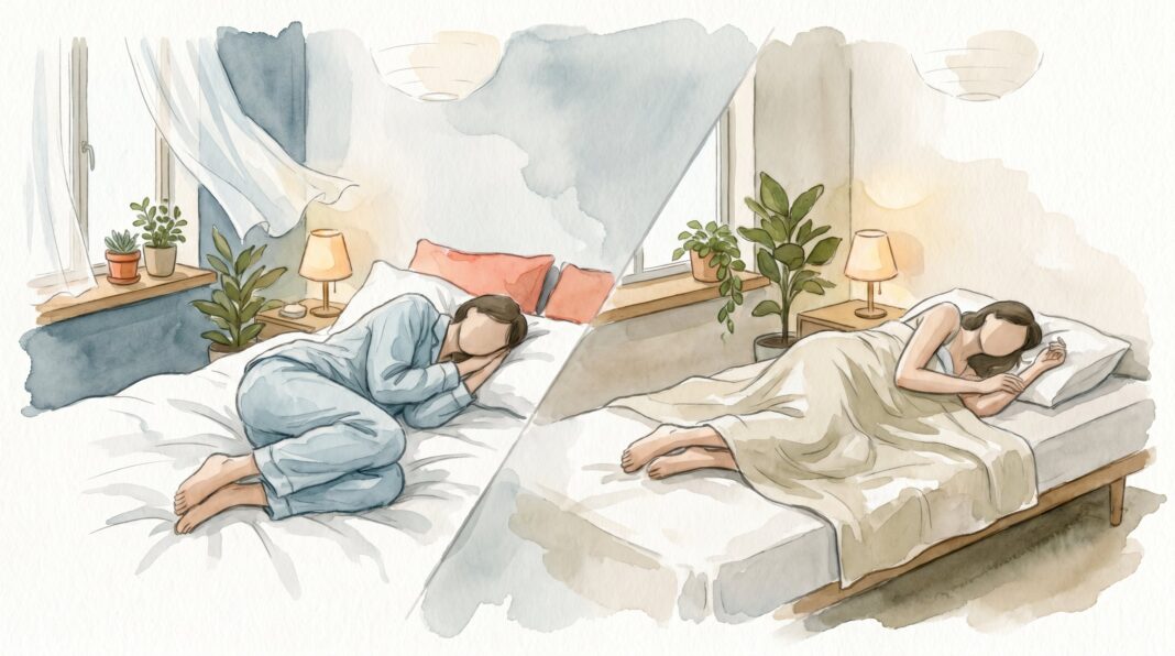 Persona durmiendo en una cama con ropa de cama clara, en un ambiente relajado