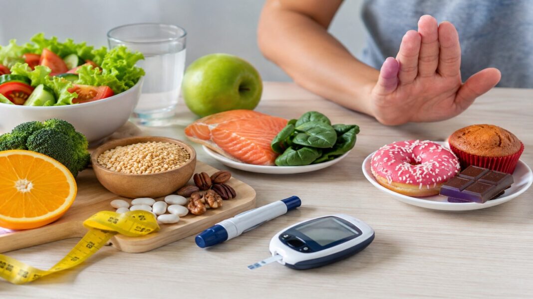Persona con diabetes revisando su nivel de glucosa mientras elige alimentos saludables
