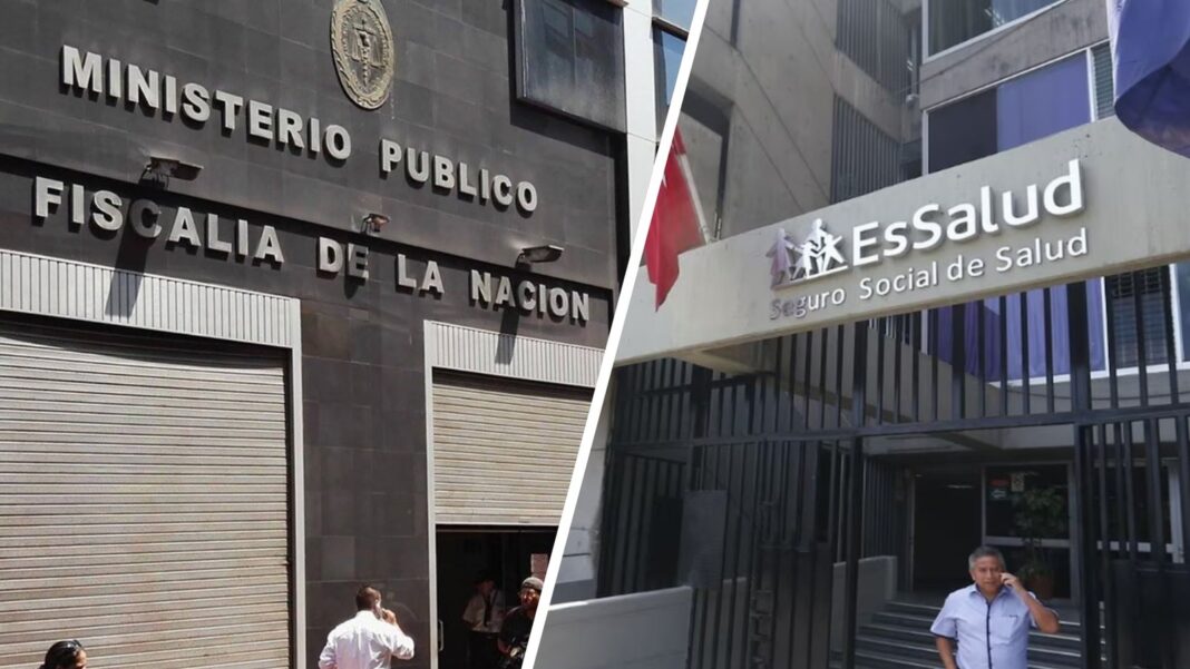 Fachada de la sede central de EsSalud durante diligencias del Ministerio Público