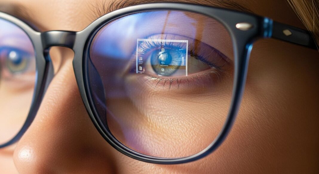 Persona usando gafas con filtro de luz azul frente a una computadora