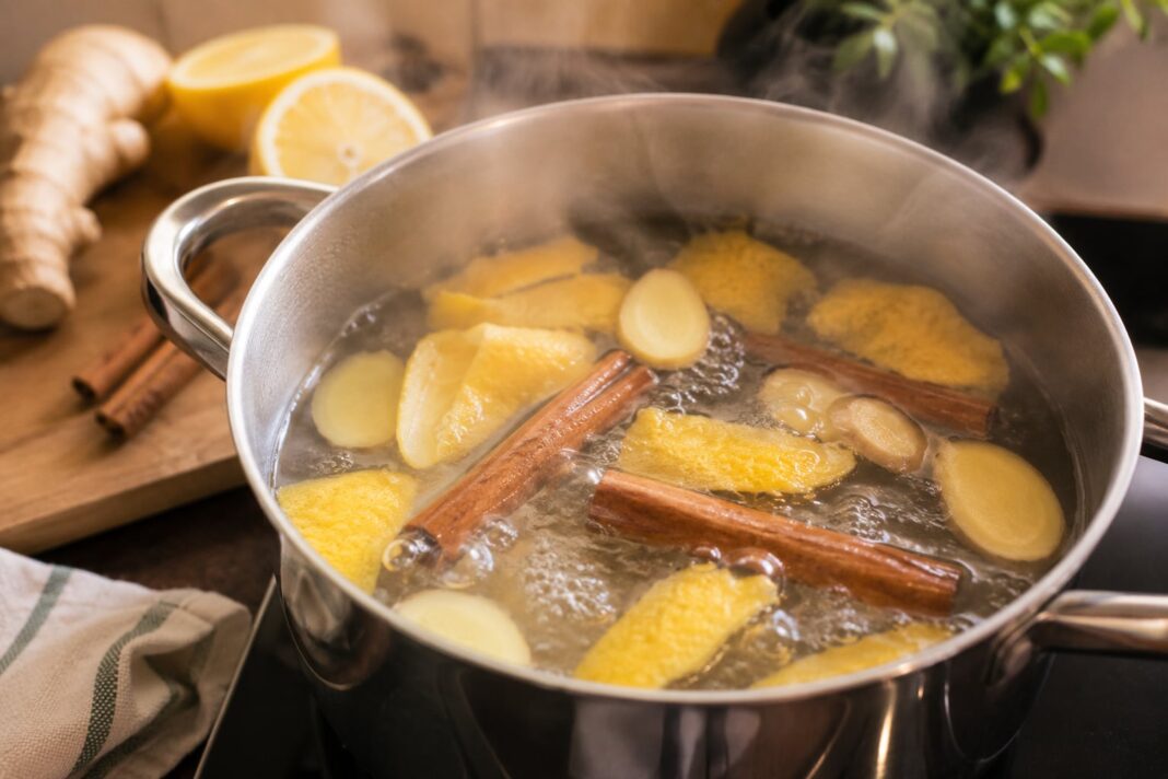Olla con agua, cáscara de limón, rama de canela y rodajas de jengibre hirviendo para perfumar ambientes