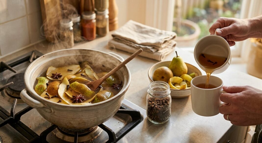 Cáscaras de pera y clavos de olor hirviendo en una olla sobre una cocina