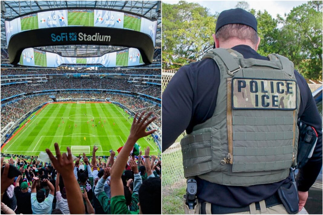 Estadio de fútbol con banderas de Estados Unidos y agentes de ICE en los alrededores durante el Mundial 2026