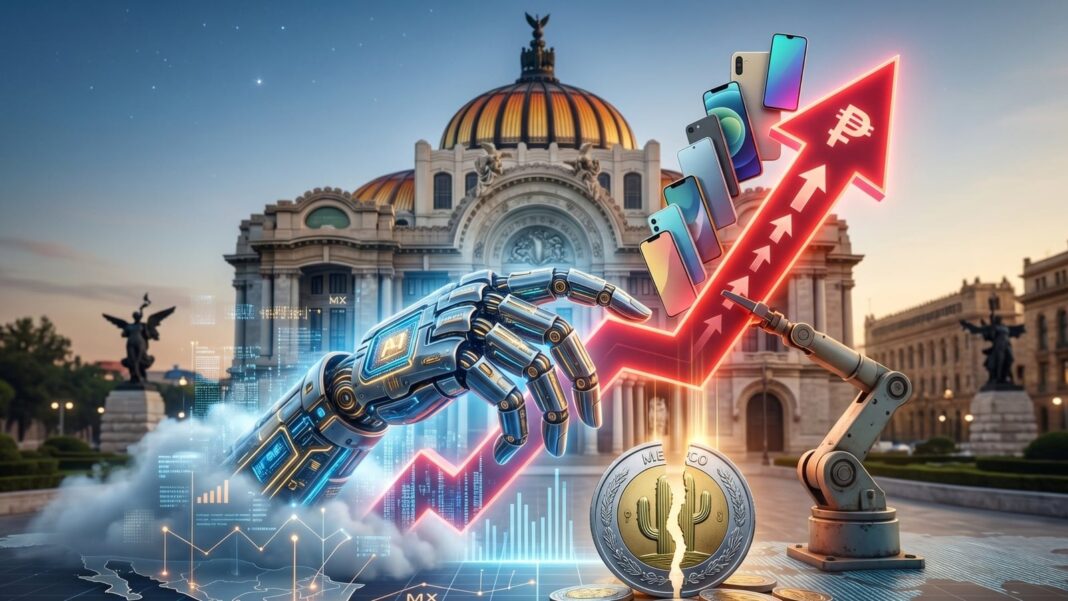 Persona sosteniendo un teléfono inteligente con gráficos de inteligencia artificial de fondo