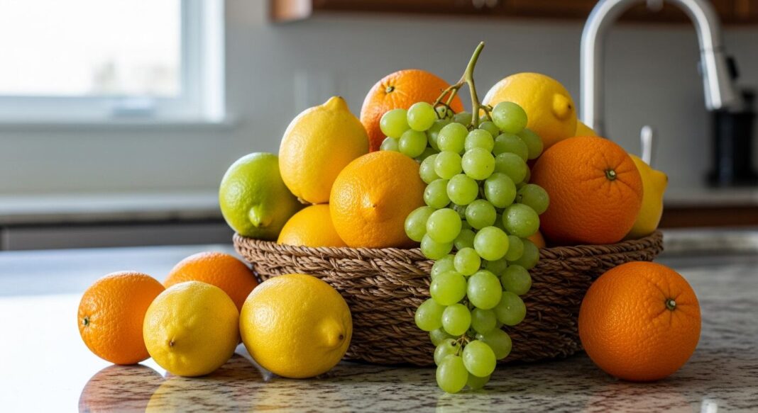 Canasta de frutas cítricas y uvas sobre una mesa de supermercado