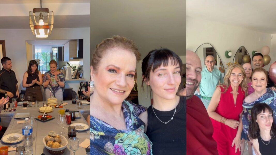 Lucía Galán soplando una vela en su cumpleaños 65 en Madrid, rodeada de su hija Rocío y su yerno Damián