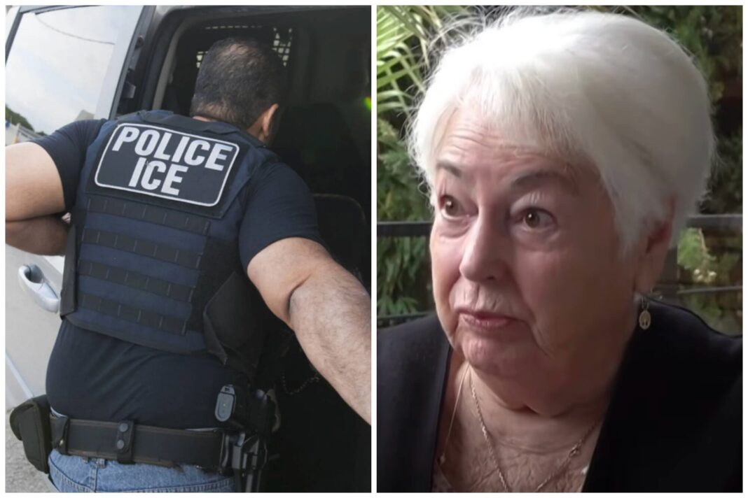 Mujer mayor de 85 años frente a un edificio gubernamental en Estados Unidos