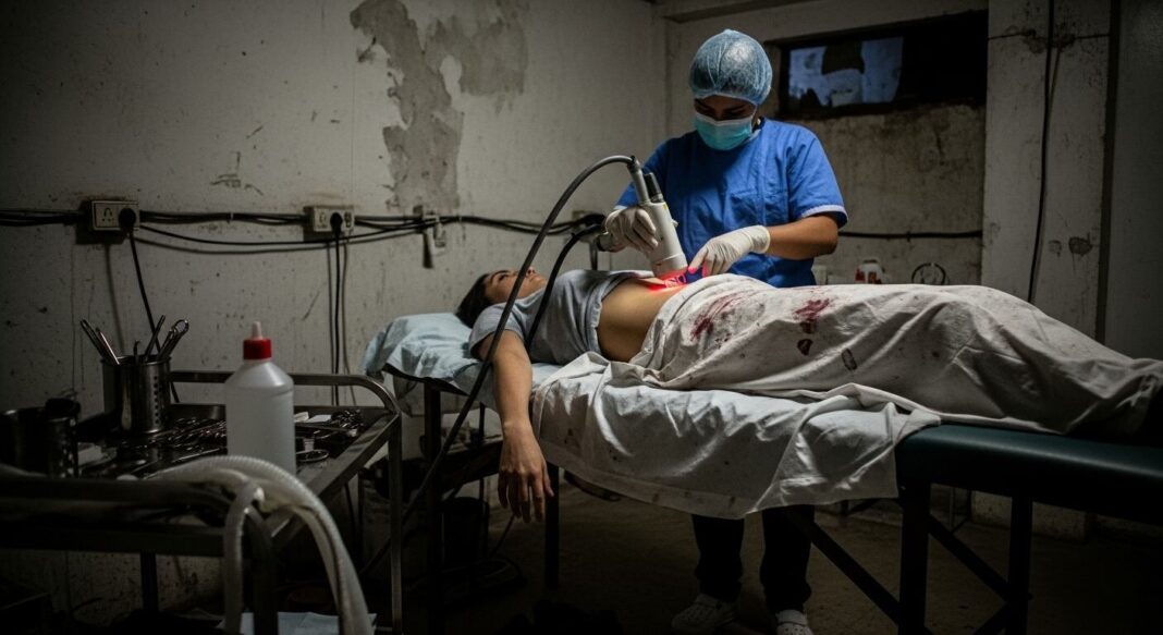 Mujer en consultorio médico antes de un procedimiento estético