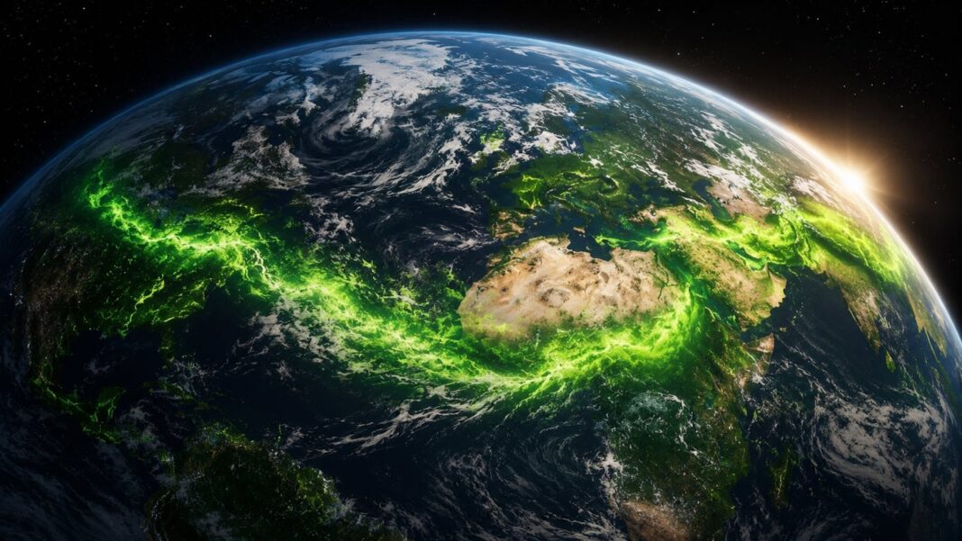 Mapa satelital que muestra el desplazamiento del centro de masa de la vegetación terrestre hacia el noreste