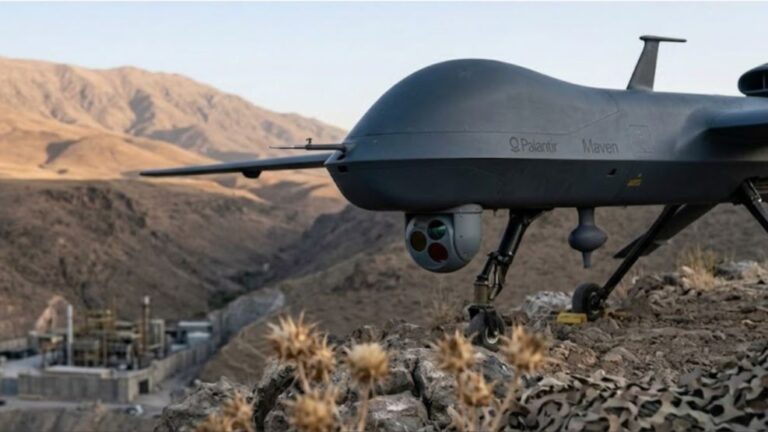 Representación de sistema de inteligencia artificial Palantir Maven procesando datos militares en tiempo real