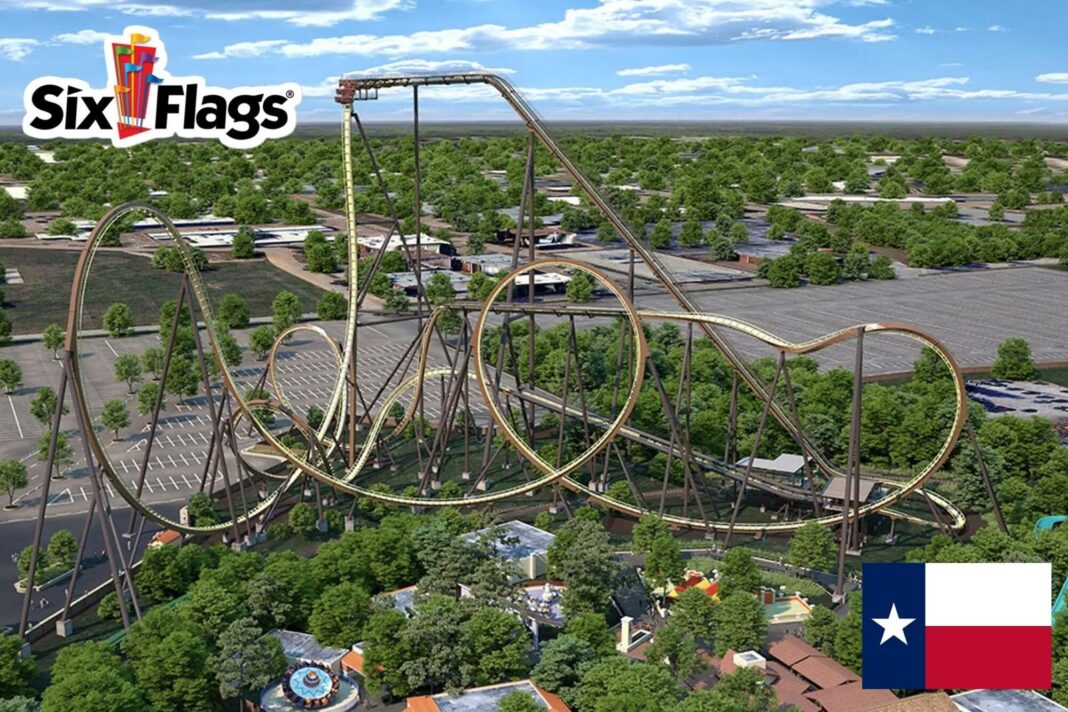 Vista conceptual de la montaña rusa Tormenta Rampaging Run en Six Flags Over Texas