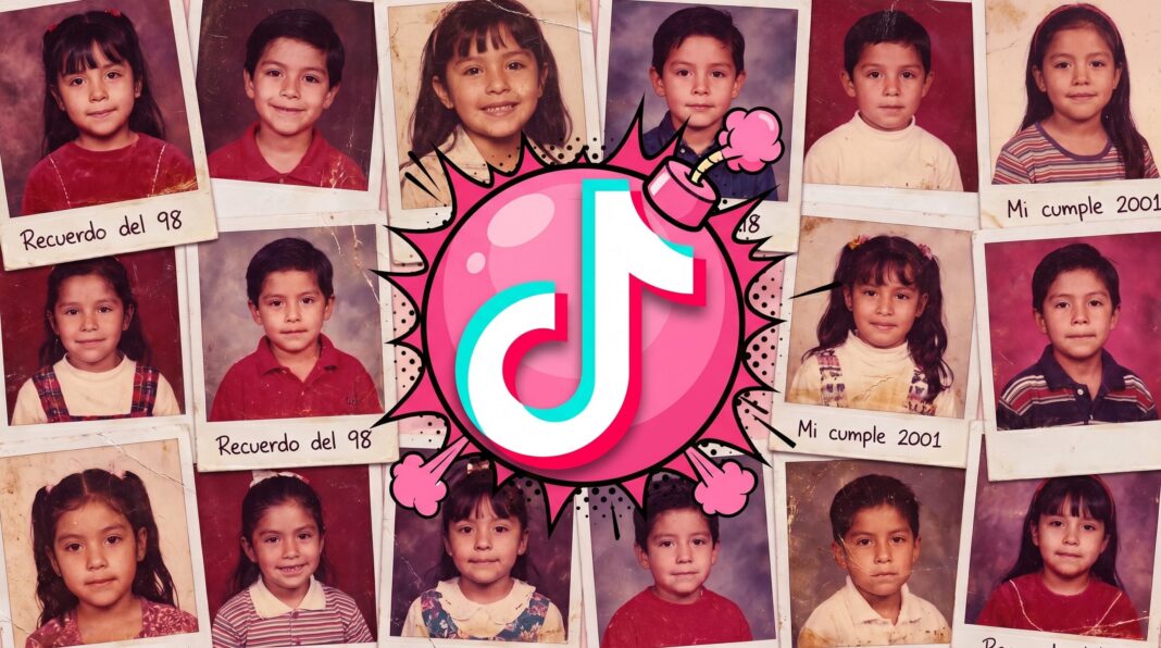 Captura de pantalla de TikTok mostrando el trend Chicles Bomba con fotos de infancia