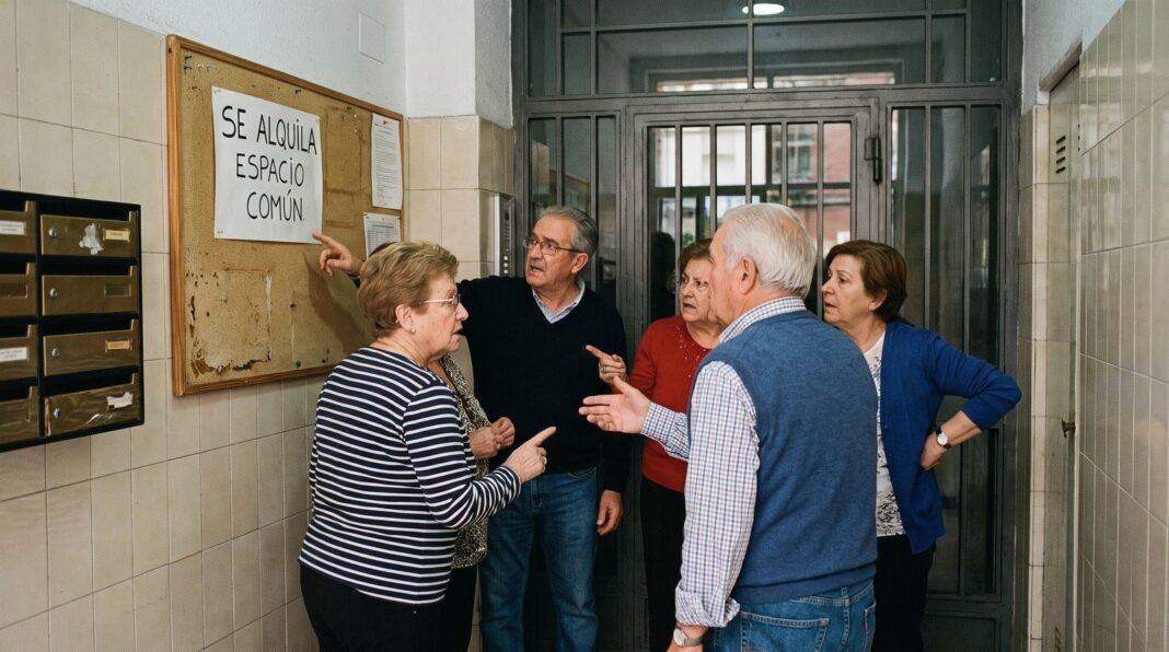 Reunión de vecinos en junta de propietarios discutiendo alquiler de zonas comunes