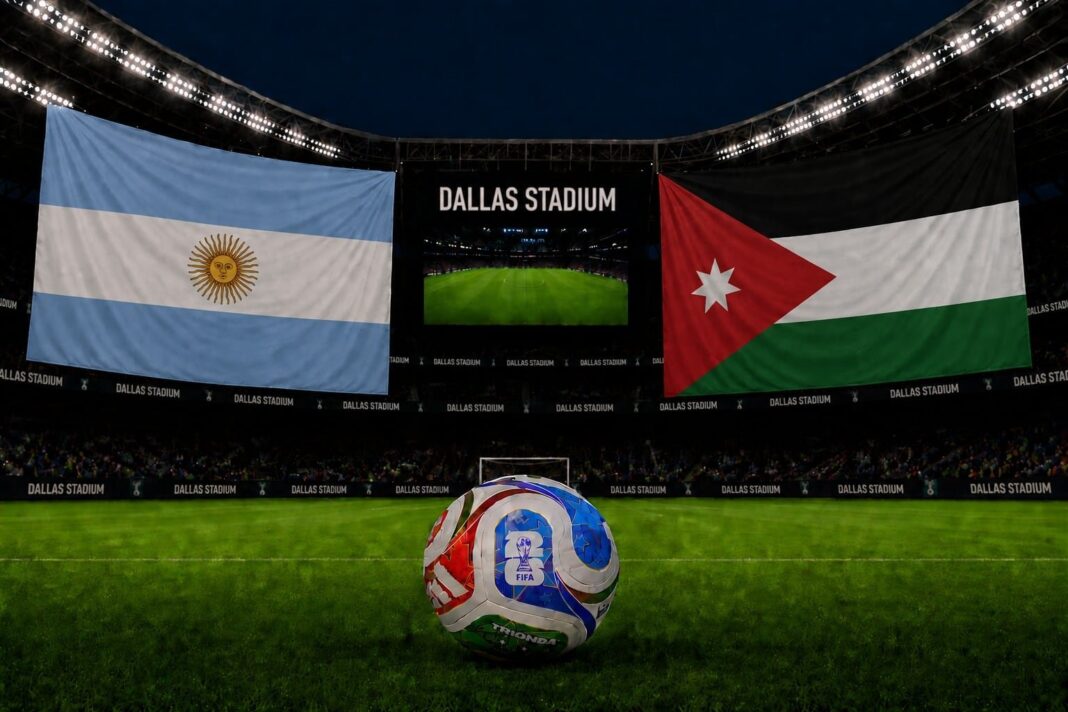 Estadio de fútbol con banderas de Argentina y Jordania