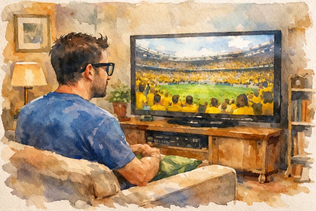 Persona mirando un partido de fútbol en televisor con luz ambiental tenue