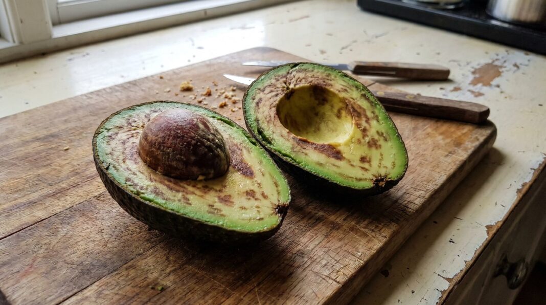 Aguacates en una cesta ventilada en un rincón oscuro de la cocina
