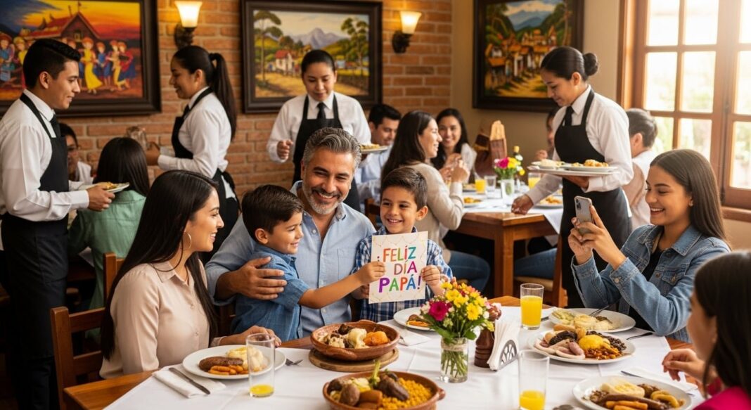 Personas celebrando el Día del Padre en Colombia con regalos y decoración alusiva