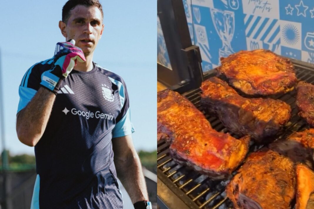 Emiliano Dibu Martínez junto a Diego Iacovone y otros jugadores en un asado de la selección argentina en Kansas