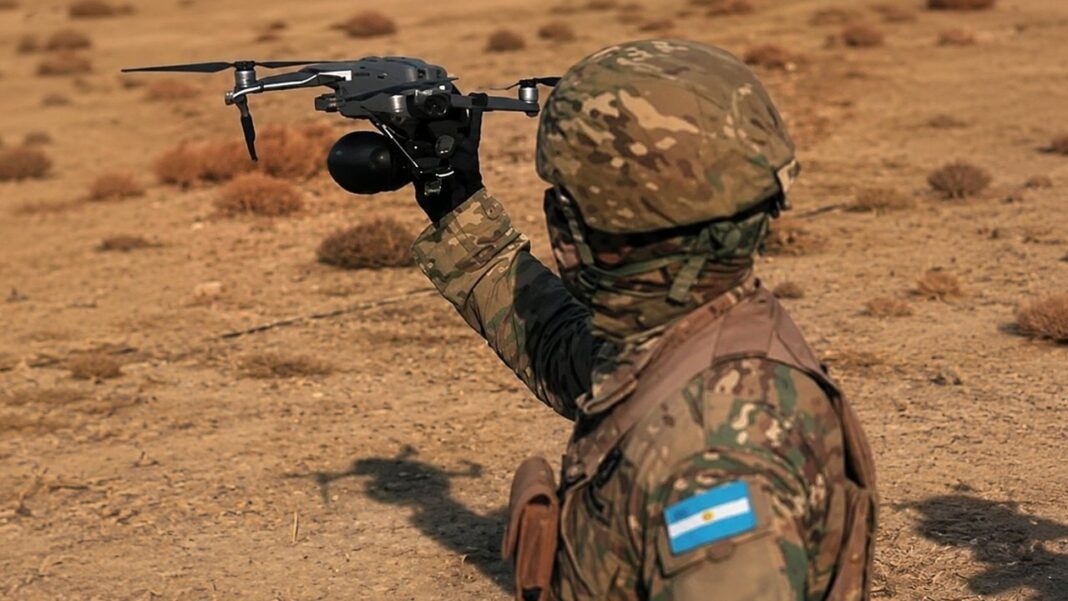 Vehículo terrestre no tripulado PM EA 1 del Ejército Argentino equipado con drones FPV durante la Expo Ejército 2026