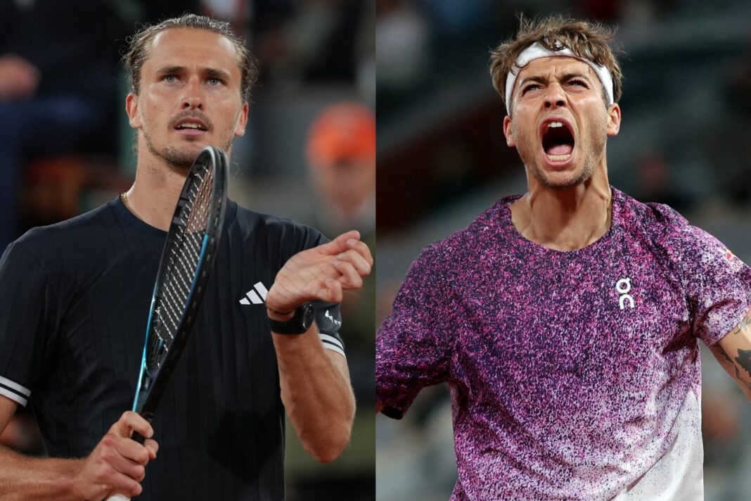 Alexander Zverev y Flavio Cobolli durante un partido de tenis