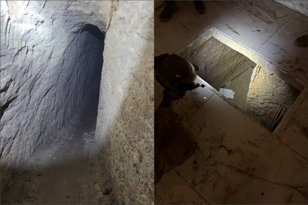 Agentes federales inspeccionan el interior de un túnel secreto hallado bajo una tienda falsa en San Diego