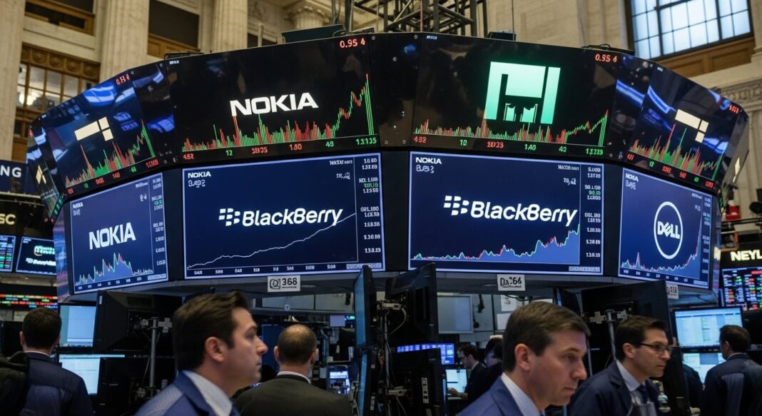 Gráfico de acciones de Nokia, BlackBerry y Dell en alza bursátil