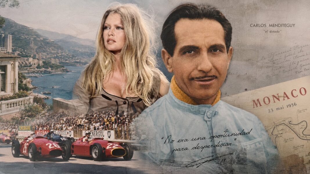 Carlos Menditéguy junto a un automóvil de carreras en la década de 1950