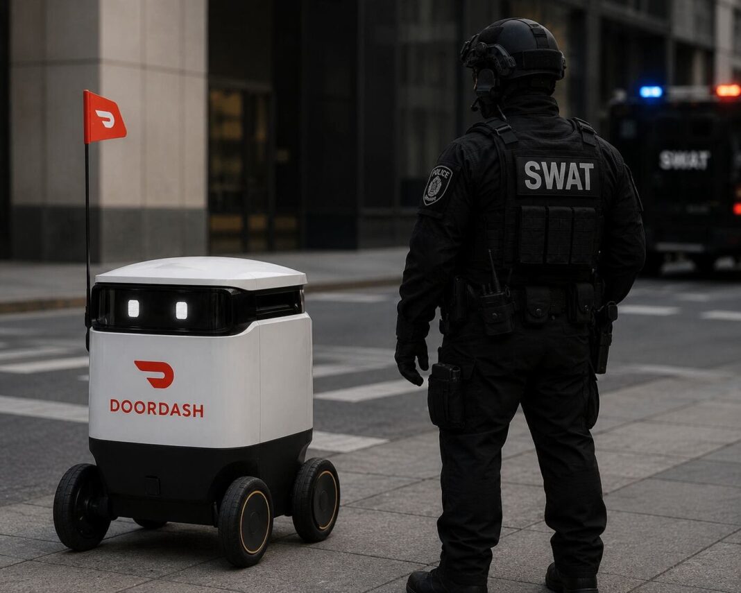 Robot de reparto de DoorDash en medio de un operativo policial