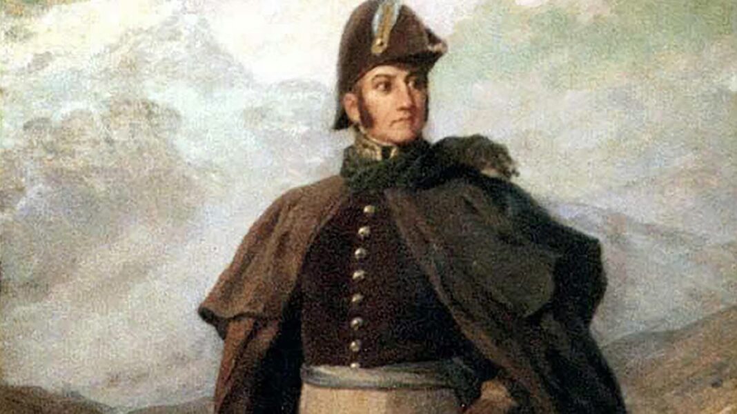 Ilustración de José de San Martín joven con uniforme de cadete del Regimiento de Murcia