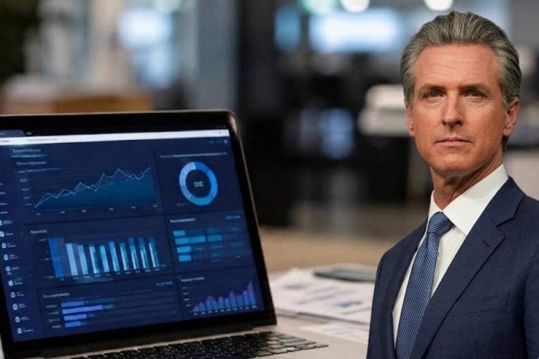 Gobernador de California Gavin Newsom durante anuncio sobre herramienta CAIT para medir impacto de IA en empleo