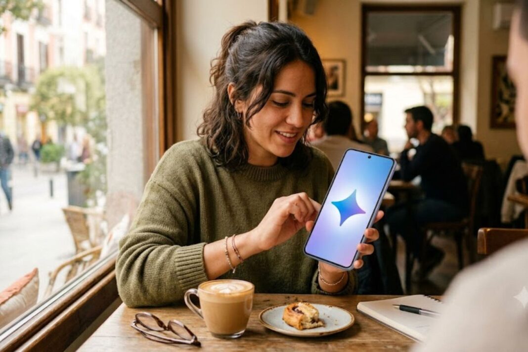 Interfaz de Gemini mostrando un prompt para generar una imagen hiperrealista de un producto sobre arena al atardecer